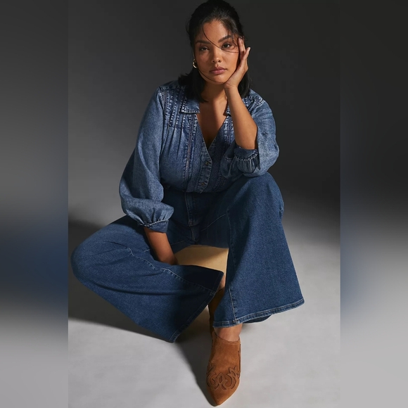 Anthropolgie Pilcro Pintuck Peasant Blouse 3X Denim Billowy Western Blouse - Picture 3 of 10